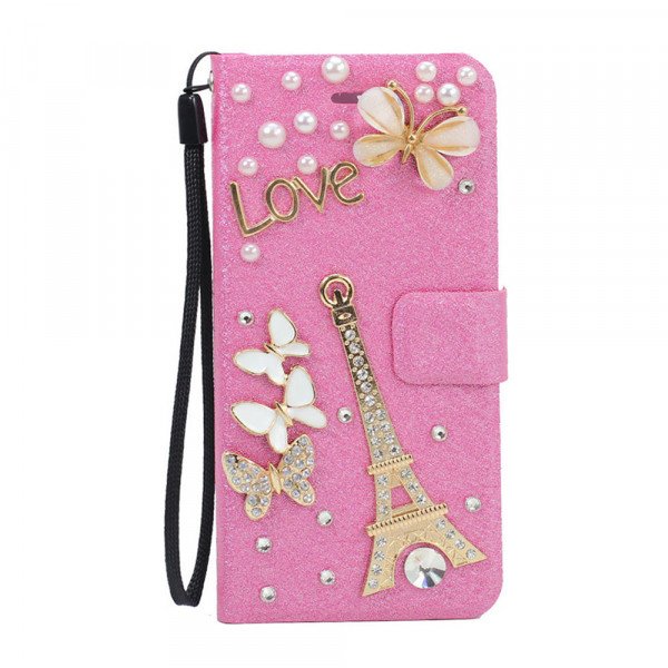 Wholesale Galaxy S6 Crystal Flip Leather Wallet Case with Strap (Eiffel Tower Hot Pink)